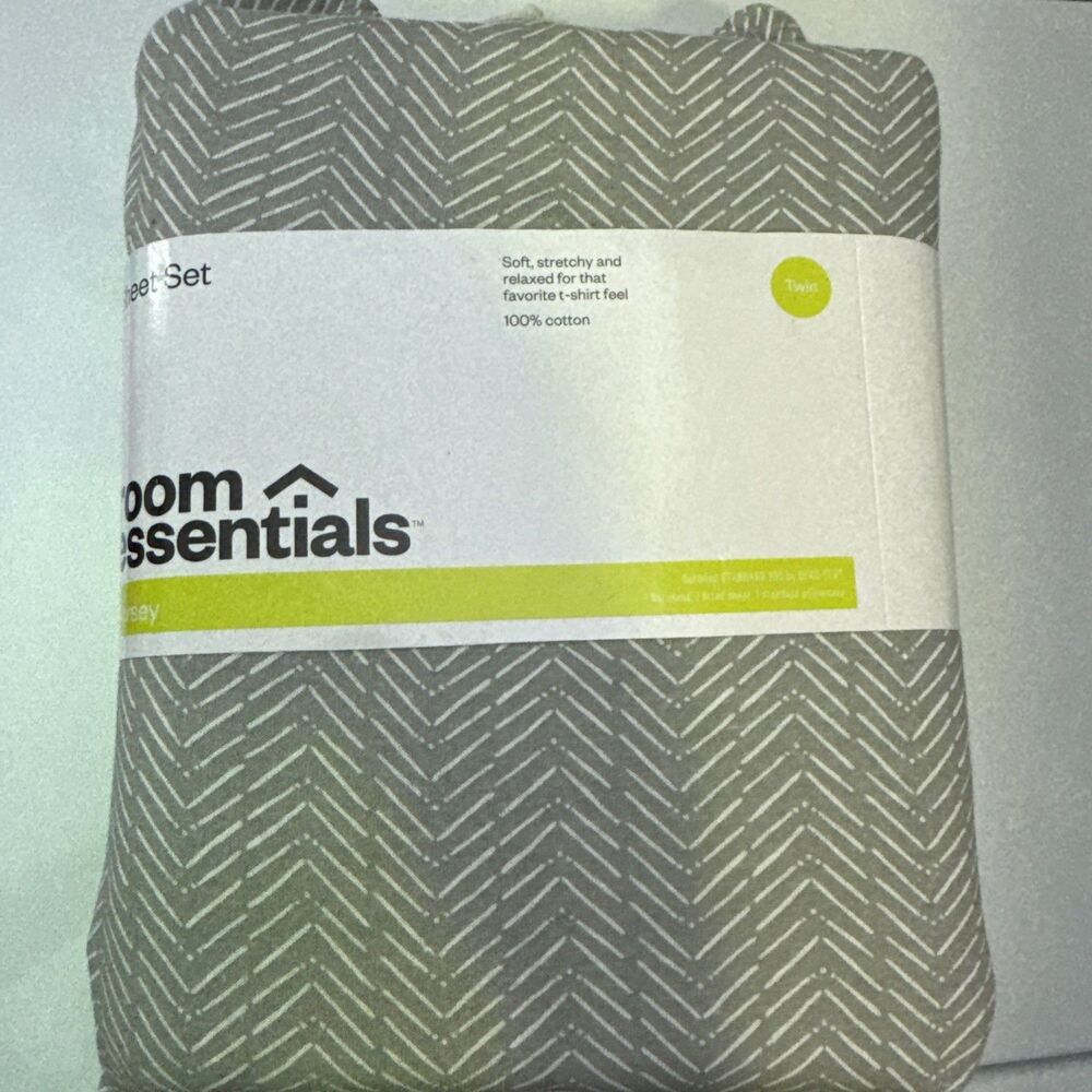 Room Essentials Twin Sheet Set Jersey Gray cotton herringbone NEW standard otex